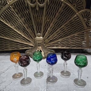 Crystal Multi Color Cut To Clear Cordial Liqueur Glasses 5.5" Set of 6 Lausitzer